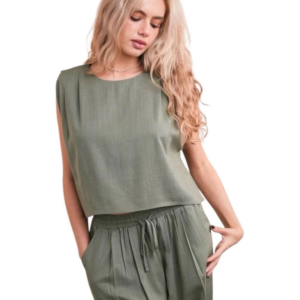 Linen Crop Top & Wide Leg Pant Set NWT | Olive Green | Very J - Picture 4 of 8